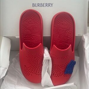 Authentic BurberryRed Perforated Slip-On Clogs Pool Sides with Blue Crest Accent